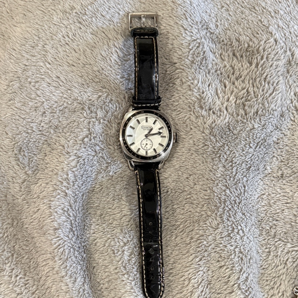 Coach Silver-Tone Watch with White Dial and Black Patent Strap - Picture 2 of 4